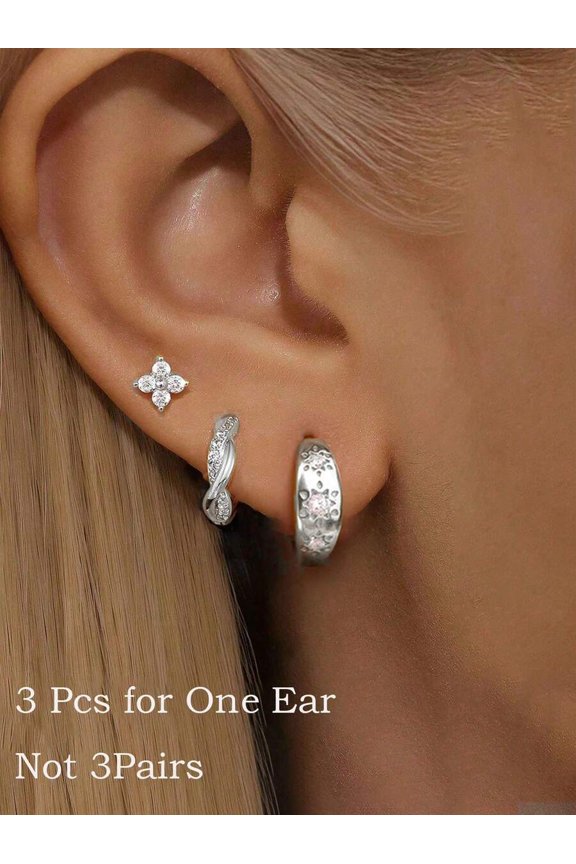 3Pcs Earring Stack: Silvertone Layered Hoop & Stud Set With Cubic Zirconia Accents