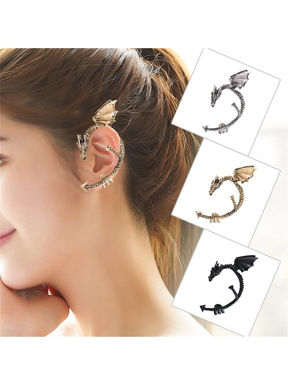 3Pcs Earrings for Women, Metal Dragon Retro Animal Non-Piercing Wrap Clip Earrings for Women Jewelry, Gothic Punk Retro Metal Flying Dragon Bat Wing Ear Clip, Gold, Black, Silver