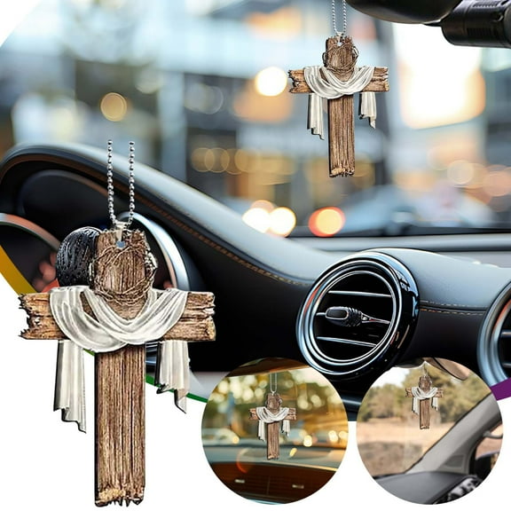 3Pcs Easter Car Pendant, BRELIL Easter Car Pendant, Vintage Wooden Cross Hanging Ornament, Religious Symbolism Decor for Dashboard, Christian Faith Gift for Easter Sunday, Home Church Auto Accessory