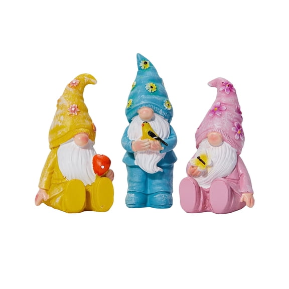 3Pcs Easter Gnome Figurines, Pink Resin Spring Gnomes with Butterfly, Bird & Flower | for Table Centerpiece, Windowsill, Mantel & Easter Decor | 6.8–8cm