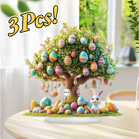 3Pcs Easter Table Decor Egg Ornament Tree with Bunny 2D Acrylic Figurine Holiday Party Home Accent Easter Centerpiece Valentine Anniversary Gift