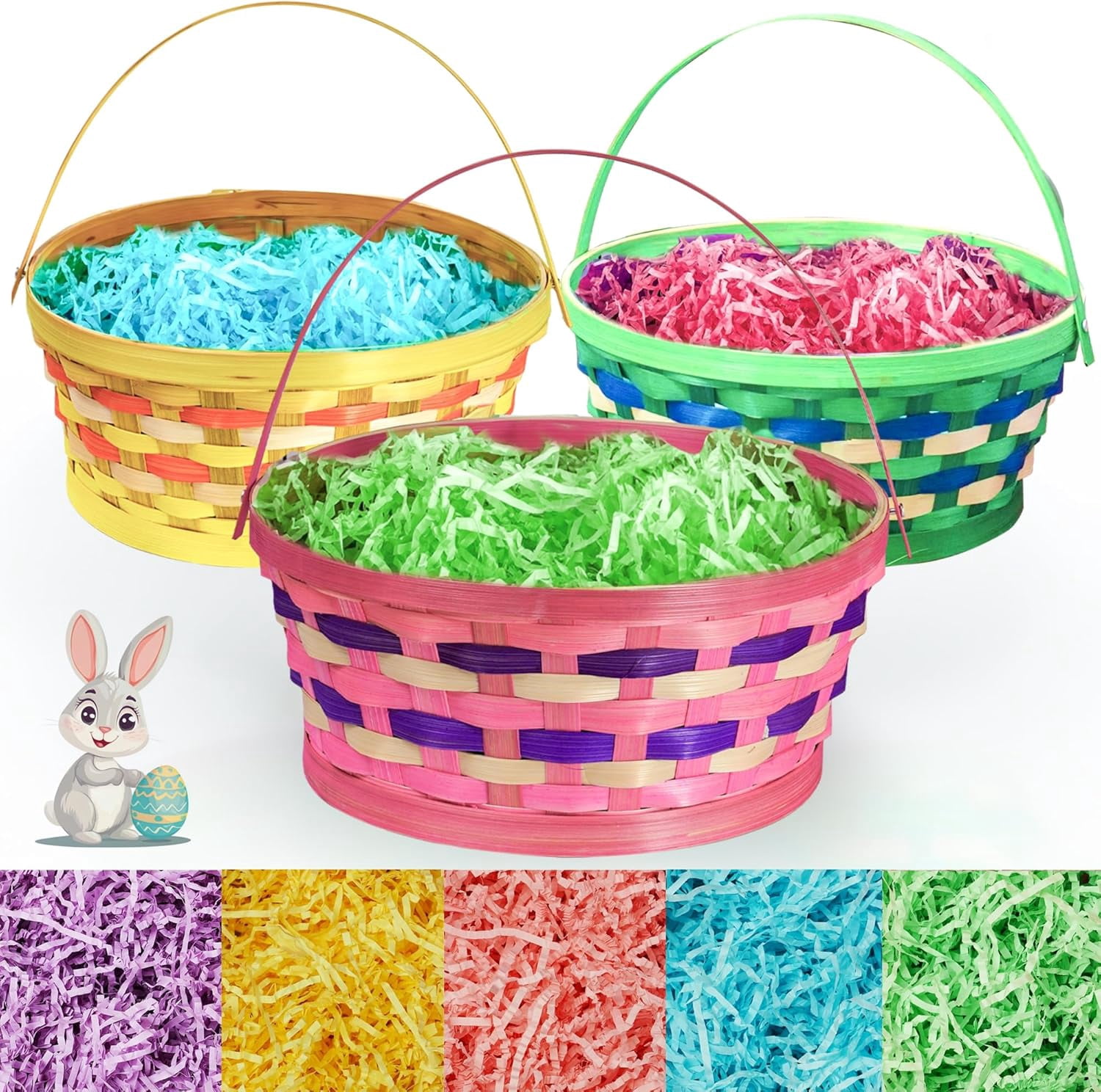 3Pcs Easter Woven Willow Baskets Set with 5 colors Paper Filler, Colorful Bamboo Handle Easter Basket, for Easter Decorations Party Gift