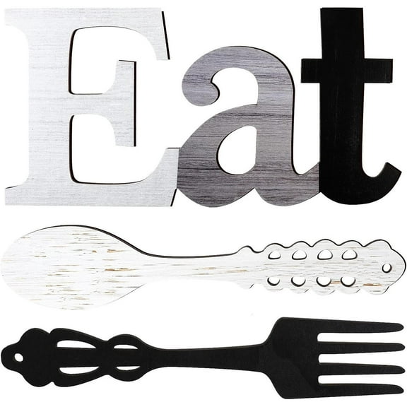 3Pcs Eat Sign, Fork and Spoon Wall Decor, Rustic Wood Decoration, Cute Eat Letters for Kitchen and Home, Decorative Hanging Wooden Letters, Country Wall Art for Room(Stylish Colors) Set