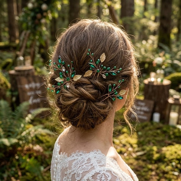 Miallo 3 Pcs Emerald Green Crystal Hair Pins for Wedding, Gold Leaf Bridal Hair Accessories, Boho U-Shaped Hair Forks for Bridesmaids & Prom Updo