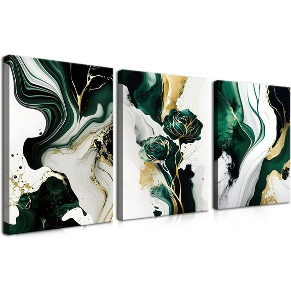 3Pcs Emerald Green Modern Wall Art, Abstract Marble Canvas Prints, Green and Gold Pictures Wall Decor, Dark Art Paintings, Artwork for Living Room Dining Room Office Decoration (only canvas)
