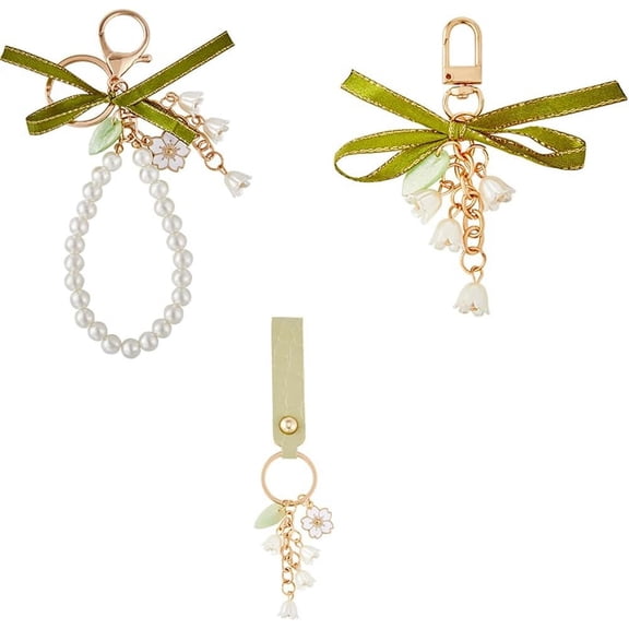 3Pcs Enamel Sakura Keychains Pendants Leather Pearl Beaded Wristlet Lanyard Lily of The Vally Tassel Keychain Alloy Light Gold Car Key Ring Charm with Hoop Universal for Women Wallet Decor
