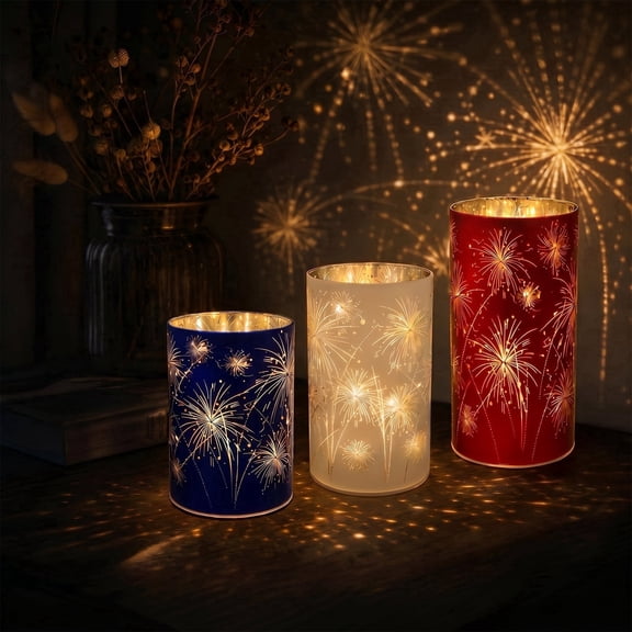 3Pcs Etched Starburst Design Glass Hurricane Celebration Hurricanes Etched Firework Glass Pedestals with Warm White LED Lights Decorative Centerpiece for Dining Table Wedding Holiday
