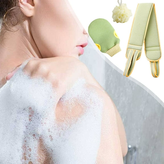 3Pcs Exfoliating Body Scrubbers Set,Thickened Bath Rub Back Towel Bath Ball Flower Mud Strip, Back Scrubbers with two handles,for Deep Clean Your Body,Mint Green