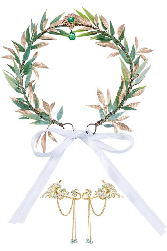 3Pcs Fairy Flower with Elf Ears Set Elves Cosplay Faires Flowers Leaf Crowns with Wings Cuff Earrings for Women Elven Princess Headpiece Green