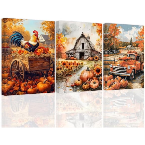 3Pcs Fall Canvas Wall Art Rustic Country Pumpkin Wall Decor Old Barn Truck Rooster Pictures Farmhouse Autumn Nature Landscape Painting for Kitchen Living Room (12" x 16" x3)