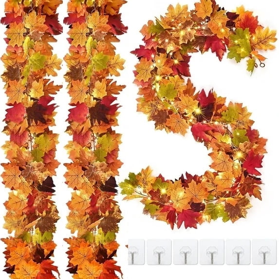 3Pcs Fall Garland with Lights,17Ft Fall Leaves Garland for Mantle,Lighted Garlands,Artificial Maple Leaf Garlands for Centerpiece Front Door Window Fireplace Home Indoor Thanksgiving Decor