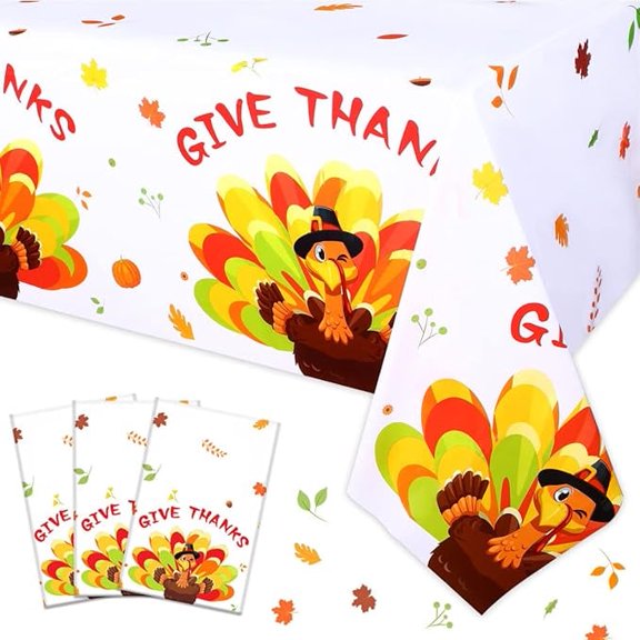 3Pcs Fall Thanksgiving Tablecloth Maple Leaf Turkey Pumpkin Table Cover Disposable Plastic Rectangle for Autumn Give Thanks Harvest Party Decorations Supplies, 51" x 108"