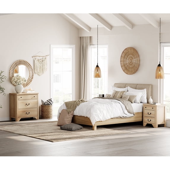 3Pcs Farmhouse Bedroom Set,Oak Wood Nightstand Set Of 2 With Charging Station And 3-Drawer Dresser For Bedroom , Living Room, Hallway,Dining Room