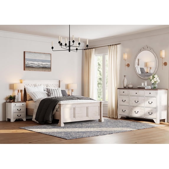 3Pcs Farmhouse Bedroom Set,White Wood Nightstand Set Of 2 With Charging Station And 9-Drawer Dresser For Bedroom , Living Room, Hallway,Dining Room