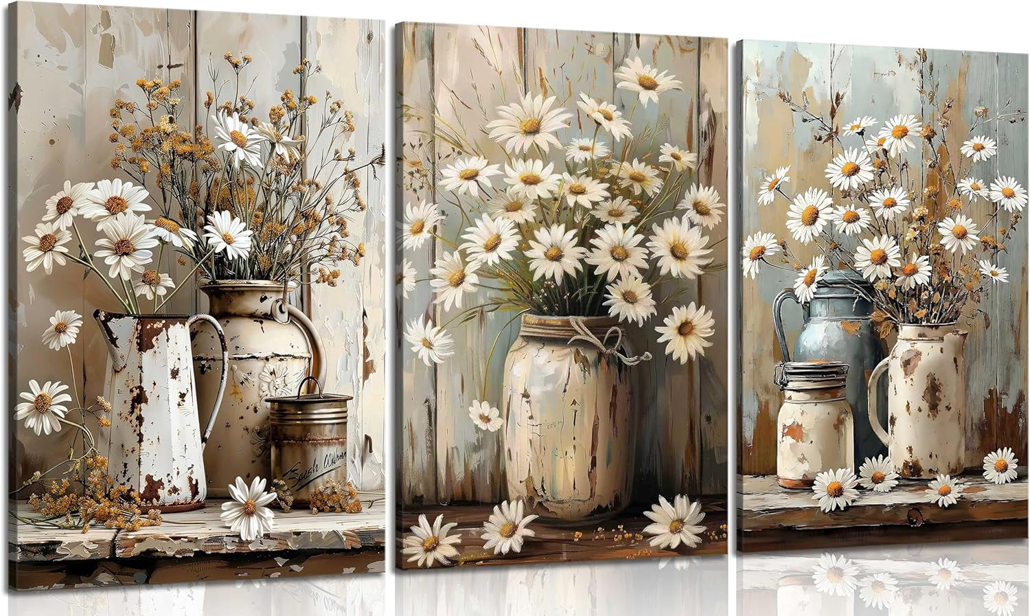 3Pcs Farmhouse Daisy Canvas Wall Art Vintage Rustic Floral Prints ...