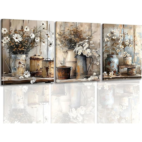 Rustic Canvas 3Pcs Farmhouse Daisy Canvas Wall Art Vintage Rustic Floral Prints ...