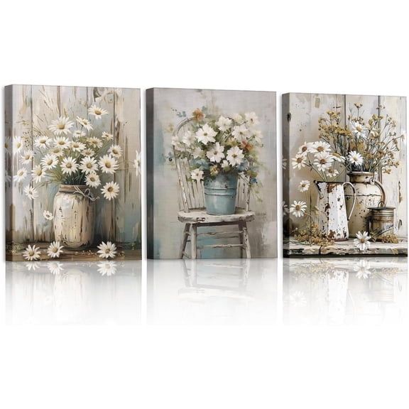 3Pcs Farmhouse Daisy Canvas Wall Art Vintage Rustic Floral Prints Framed Pictures for Living Room Bedroom Kitchen Ready to Hang