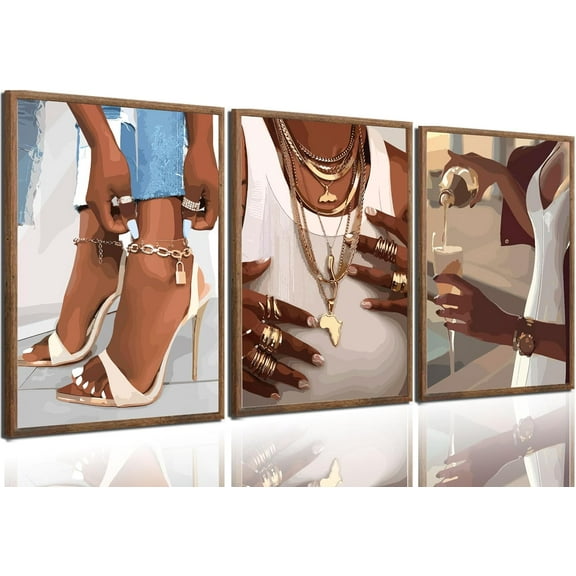 3Pcs Fashion Black Woman Canvas Wall Art African American Vogue Black Girl Wall Decor Picture Fashionable Gorgeous Beautiful Black Woman Poster Print for Living Room Bedroom Artwork Home Decoration