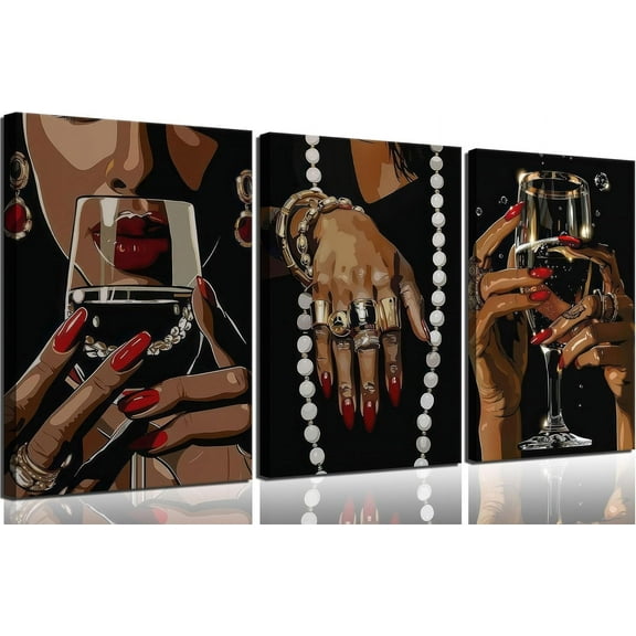 3Pcs Fashion Black Woman Canvas Wall Art African American Vogue Black Girl Wall Decor Picture Fashionable Gorgeous Beautiful Black Woman Posters Prints for Living Room Bedroom Home Decoration Und