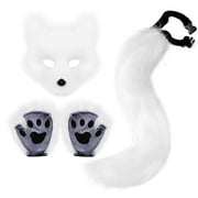 3Pcs Faux Fur Cat Wolf Fox Mask Paws Fluffy Tail Set,Halloween Fursuit Therian Fox Animal Cosplay Party Costume