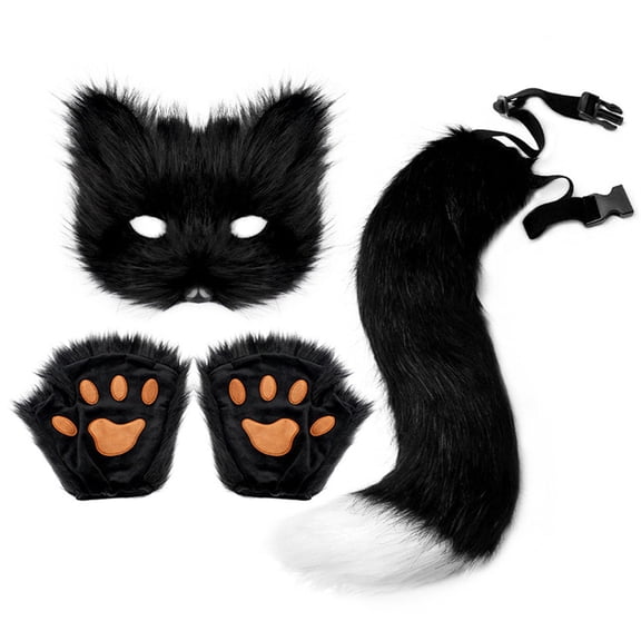 3Pcs Faux Fur Cat Wolf Fox Mask Paws Fluffy Tail Set,Halloween Fursuit Therian Fox Animal Cosplay Party Costume