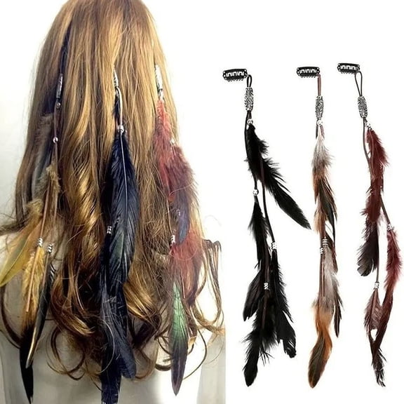 3Pcs Feather Hair Extensions Colored Clip in Hair Feathers for Women Carnival Summer Party Headdress Boho Feather Clip Accessory Gifts Braided Beads Headdress Feather Hair Clip Exten