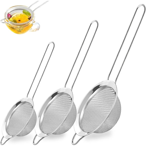 3Pcs Fine Mesh Strainer with Handle, Small Medium Large Size Sieve Strainers Set, Stainless Steel Sifter Colander for Kitchen Baking Juice Quinoa Food Flour
