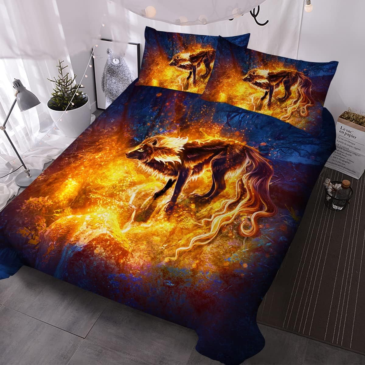 3Pcs Fire Wolf Duvet Cover Set Arctic Wolf Animal Wolves Bedding Sets