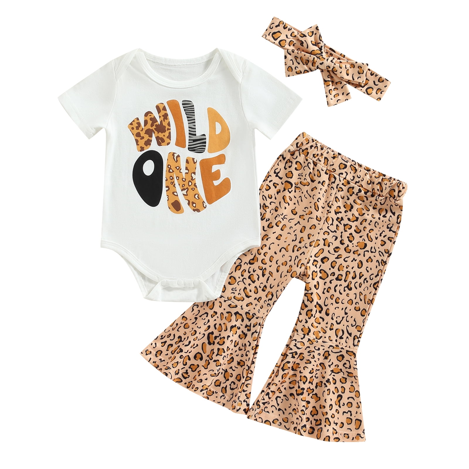 3Pcs  First Baby Girl Birthday Outfit 1st Wild One Romper Shirt Leopard Bell Bottoms One Year Old Birthday Outfit Girl