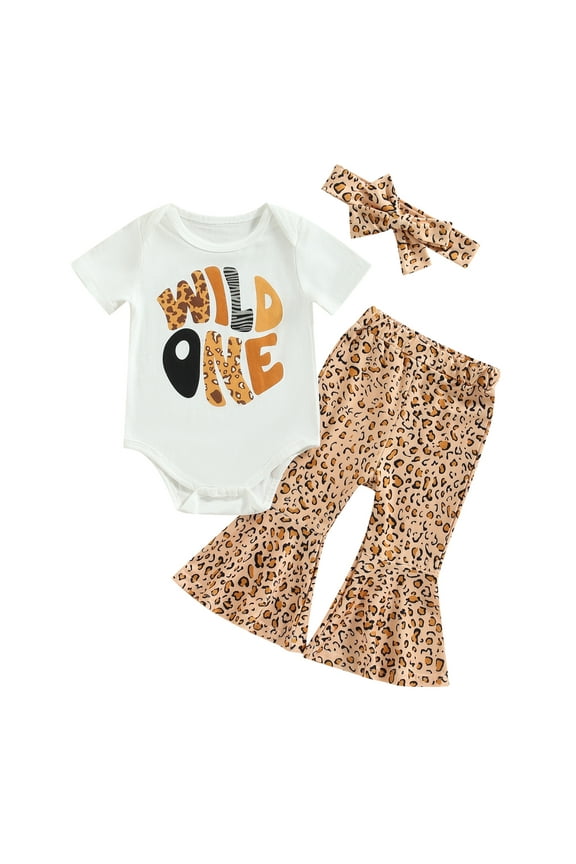 3Pcs First Baby Girl Birthday Outfit 1st Wild One Romper Shirt Leopard Bell Bottoms One Year Old Birthday Outfit Girl