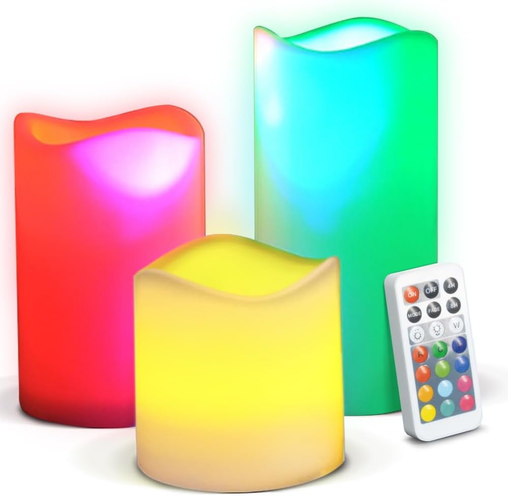 3Pcs Flameless Candles with Remote, Battery Powered LED Pillars Candles with Timer Function - 12 Preset Multi Colors