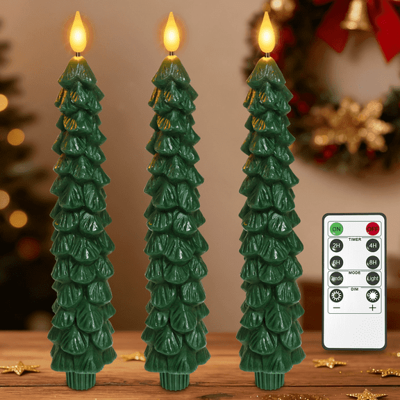 3Pcs Flameless Taper Candles, Real Wax Christmas Tree Candles with Remote, 9.7 inches Battery Operated Candlesticks, Flickering LED Window Candlelights for Christmas Home Decor, Green