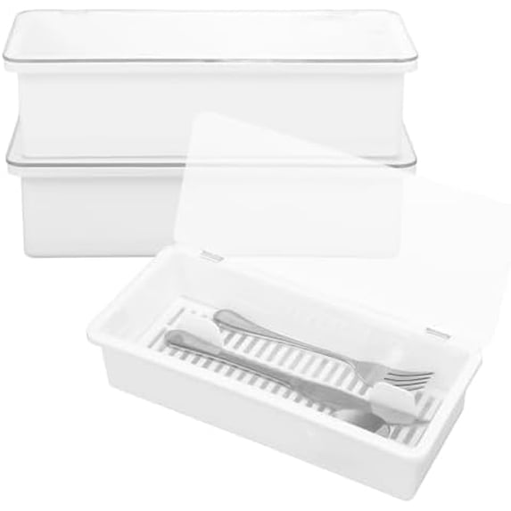 3Pcs Flatware Tray with Lid and Drainer, Plastic Silverware Storage ...