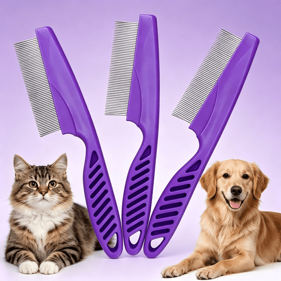 3Pcs Flea Comb for Dogs and Cats - Lice Comb with Rubber Handle - Promotes Hair Growth and Removes Loose Hair, Knots, and Flakes Flea Brush for Pets(Purple)