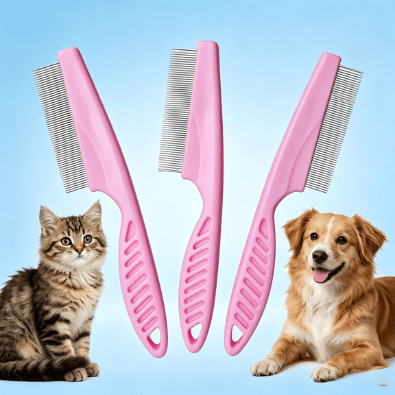 3Pcs Flea Comb with Rubber Handle, Flea and Tick Combs for Dogs & Cats, Dog Comb for Grooming,Pink