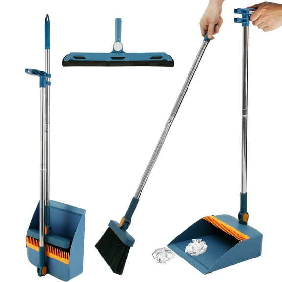3Pcs Floor Sweeping Set with Long Handle 180Rotating Floor Broom Squeegee Dustpan Set Foldable Stand Dustpan and Broom Combo with Comb Teeth Portable Squeegee Broom for Kitchen Office Home Floor