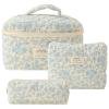 3Pcs Floral Cosmetic Bag Printed Women Cotton Daily Bag Purse Set Decor Bag (Blue Flower)