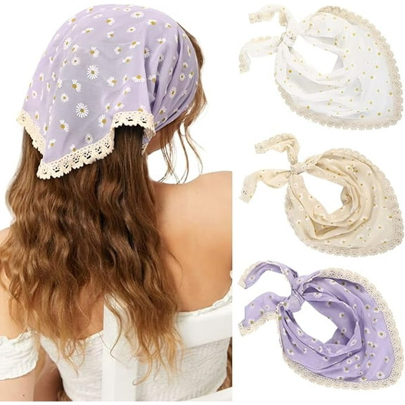 3Pcs Floral Head Scarf, Chiffon Hair Bandanas Kerchief, Vintage Boho Hair Scarf for Women Girls