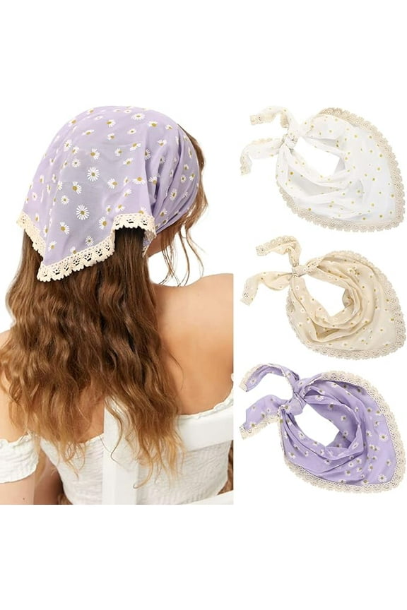 3Pcs Floral Head Scarf, Chiffon Hair Bandanas Kerchief, Vintage Boho Hair Scarf for Women Girls