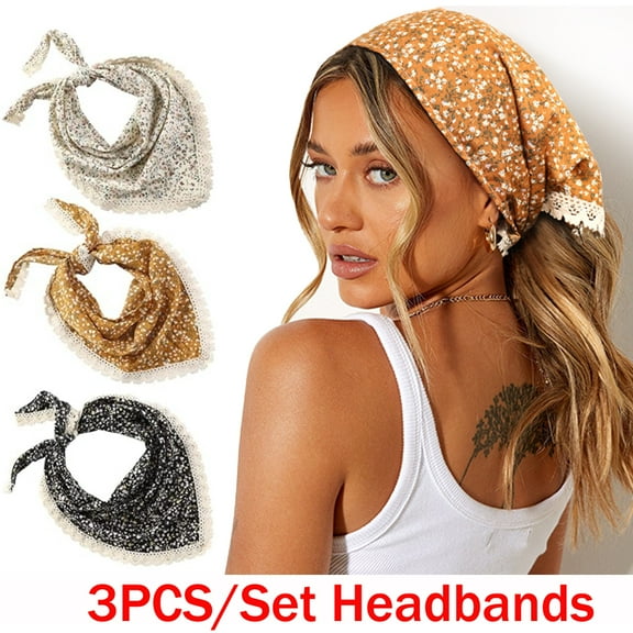 3Pcs Floral Head Scarf, Chiffon Hair Bandanas Kerchief, Vintage Boho Hair Scarf for Women Girls