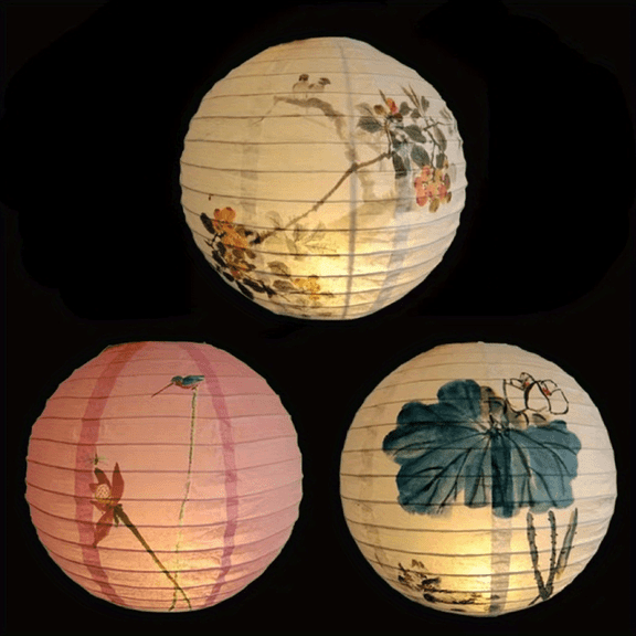 3Pcs Floral & Lotus Pattern Paper Lanterns, 30cm/11.8In Traditional Chinese Style Hanging Lanterns for Party, Home, Wedding, Festival Decor (No Power, No Light Included)