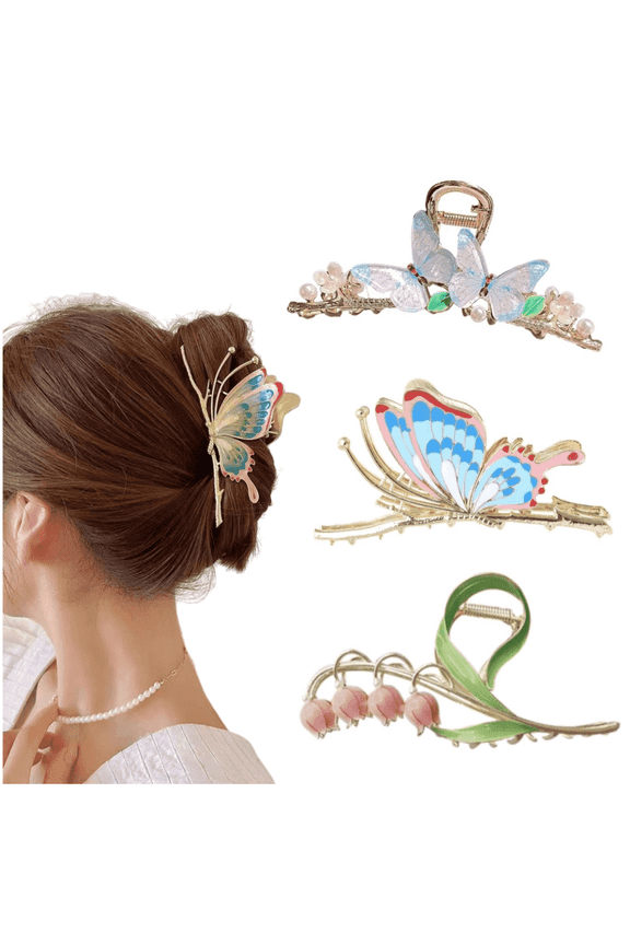 3Pcs Flower Metal Hair Clips, Jademall Butterfly Hair Claw for Thin/Medium Thick Hair, Elegant Lily of The Valley Hair Barrettes Strong Hold Clamps Non-Slip Cute Claws Accessories