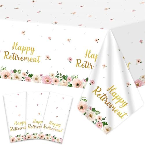 3Pcs Flower Retirement Tablecloths, Happy Retirement Pink Gold Floral Peony Table Covers, Disposable Plastic for Women Goodbye Party – 54×108 Inch (Home Decor, Kitchen, & Other)