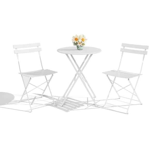 3Pcs Foldable Bistro Set, All-Weather Metal Patio Furniture with a Round Table and 2 Chairs, Indoor Outdoor Conversation Set for Balcony, Garden, Deck, Yard, White