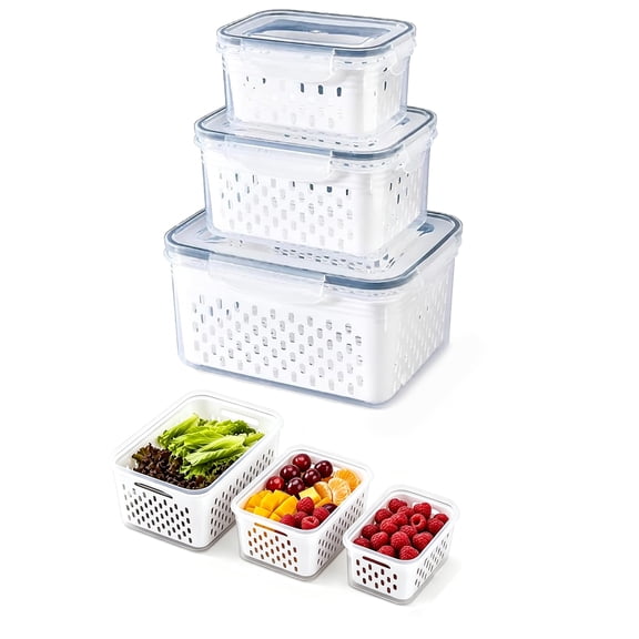 3Pcs Food Storage Container Set with Drain Strainer Basket for Fridge, Fresh Lettuce and Salad Produce