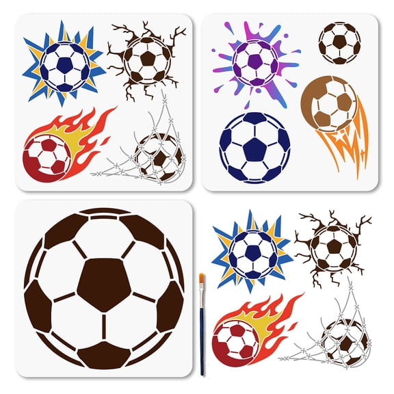 3Pcs Football Stencil Soccer Sports Template 11.8inch Football Flames Explosion Shoot Reusable Stencils with Paint Brush for DIY Scrapbook Photo Album
