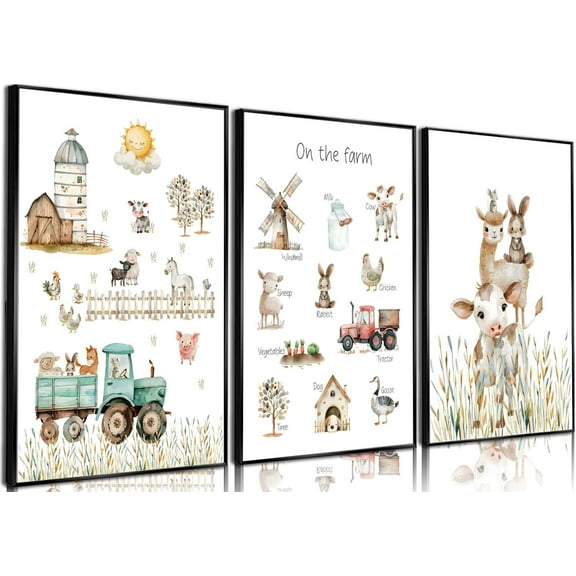 3Pcs Forest Animals Nursery Canvas Wall Art Whimsical Jungle Animal Wall Decor Pictures Baby Animal Kids Posters Prints for Classroom Child Bedroom Decoration(only canvas)