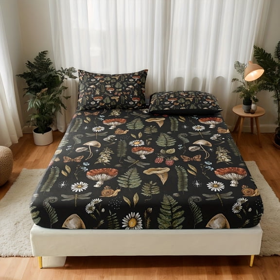 3Pcs Forest Mushroom Print Fitted Sheet Set, Soft Polyester Bedding (1 Fitted Sheet+2 Pillowcases), Comfortable Decor for Bedroom Guest Room, Ideal Gift for Family Friends