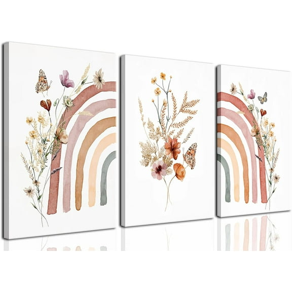 3Pcs Framed Boho Rainbow Canvas Wall Art Prints Cute Wildflowers Rainbow Boho Nursery Wall Decor for Girls Wall Art Posters for Kids Room Baby Room Classroom Bedroom Decor 12"x16"x3 Colorful