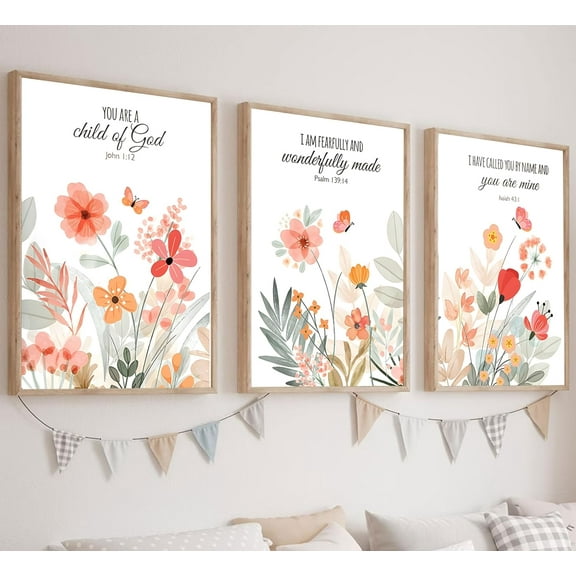 3Pcs Framed Christian Nursery Canvas Wall Art Pictures Bible Verse Floral Posters Prints Boho Wildflower Painting Vintage Flower Scripture Wall Decor for Girls Room Living Room Bedroom